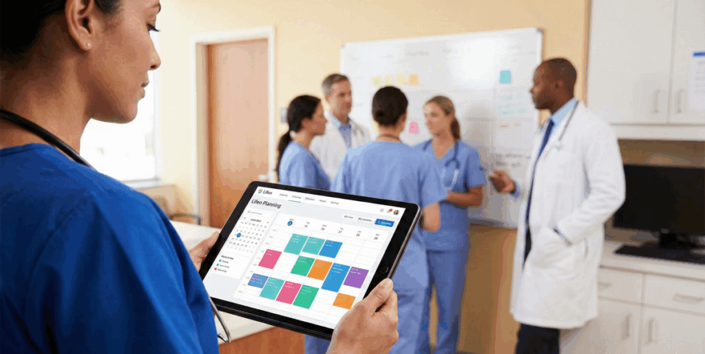 Professionnel de santé consultant l'interface de Lifen planning de garde sur une tablette dans un hôpital pour la gestion des équipes médicales.